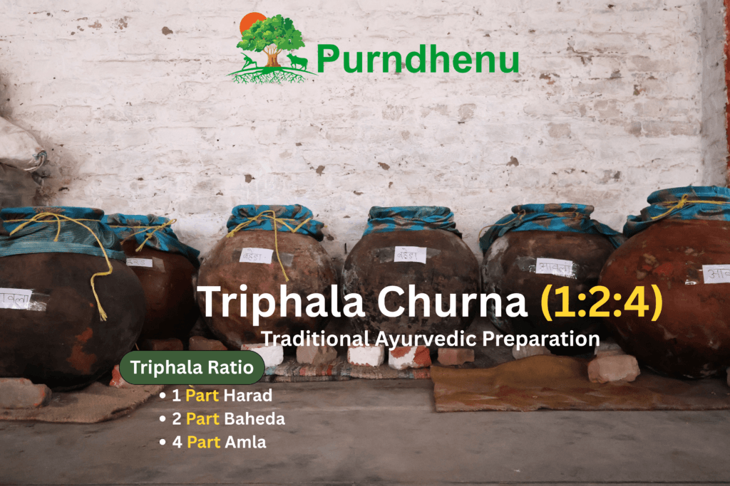Triphala Churna 1:2:4 preparation using traditional Ayurvedic method with Harad Baheda and Amla