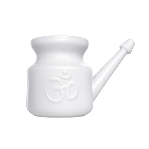 Hindi infographic explaining Neti Pot usage, benefits, precautions, and Jal Neti steps.
