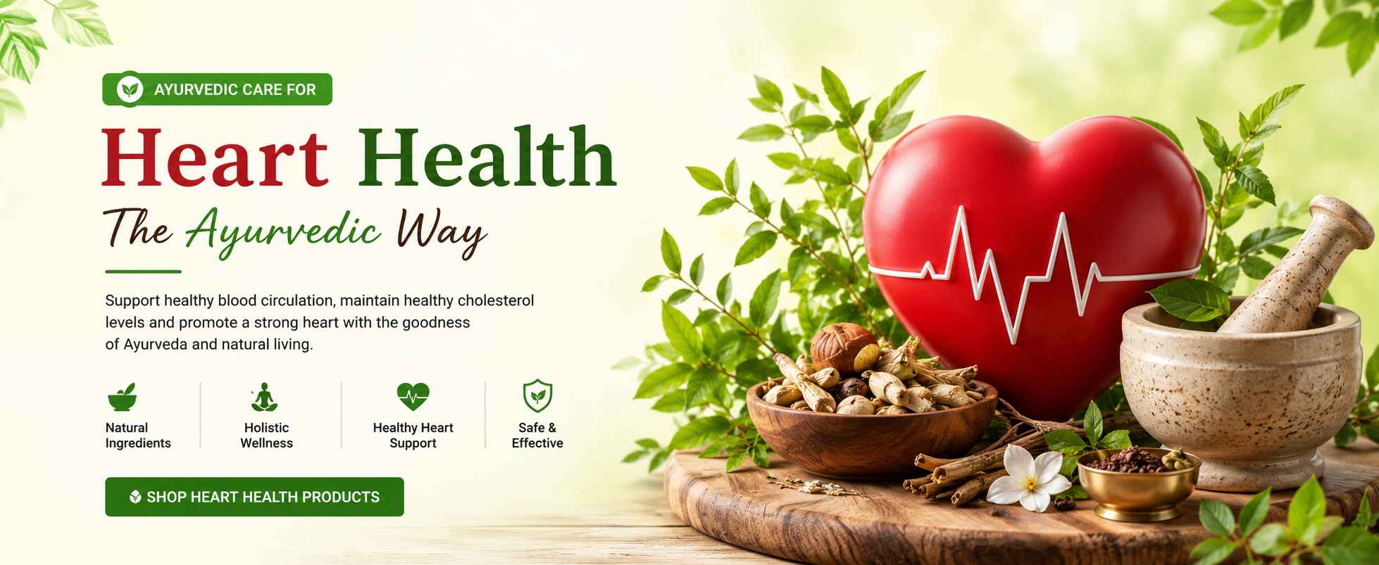 Heart Health Ayurveda banner showing Ayurvedic herbs, natural ingredients, red heart symbol and traditional wellness support for healthy blood circulation and cholesterol balance.