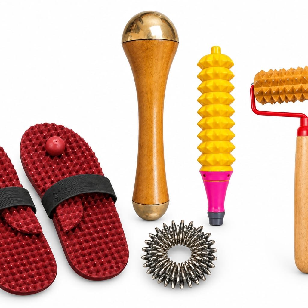 Wooden Acupressure & Massage Tool Combo 5 Piece Set with Massage Slippers