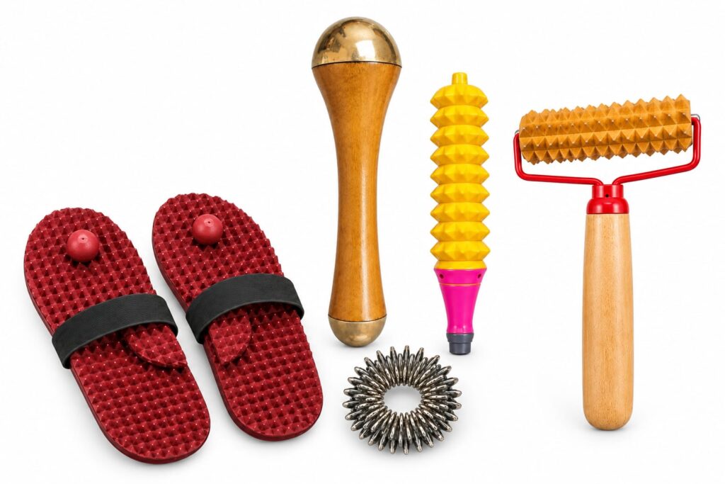 Wooden Acupressure & Massage Tool Combo 5 Piece Set with Massage Slippers